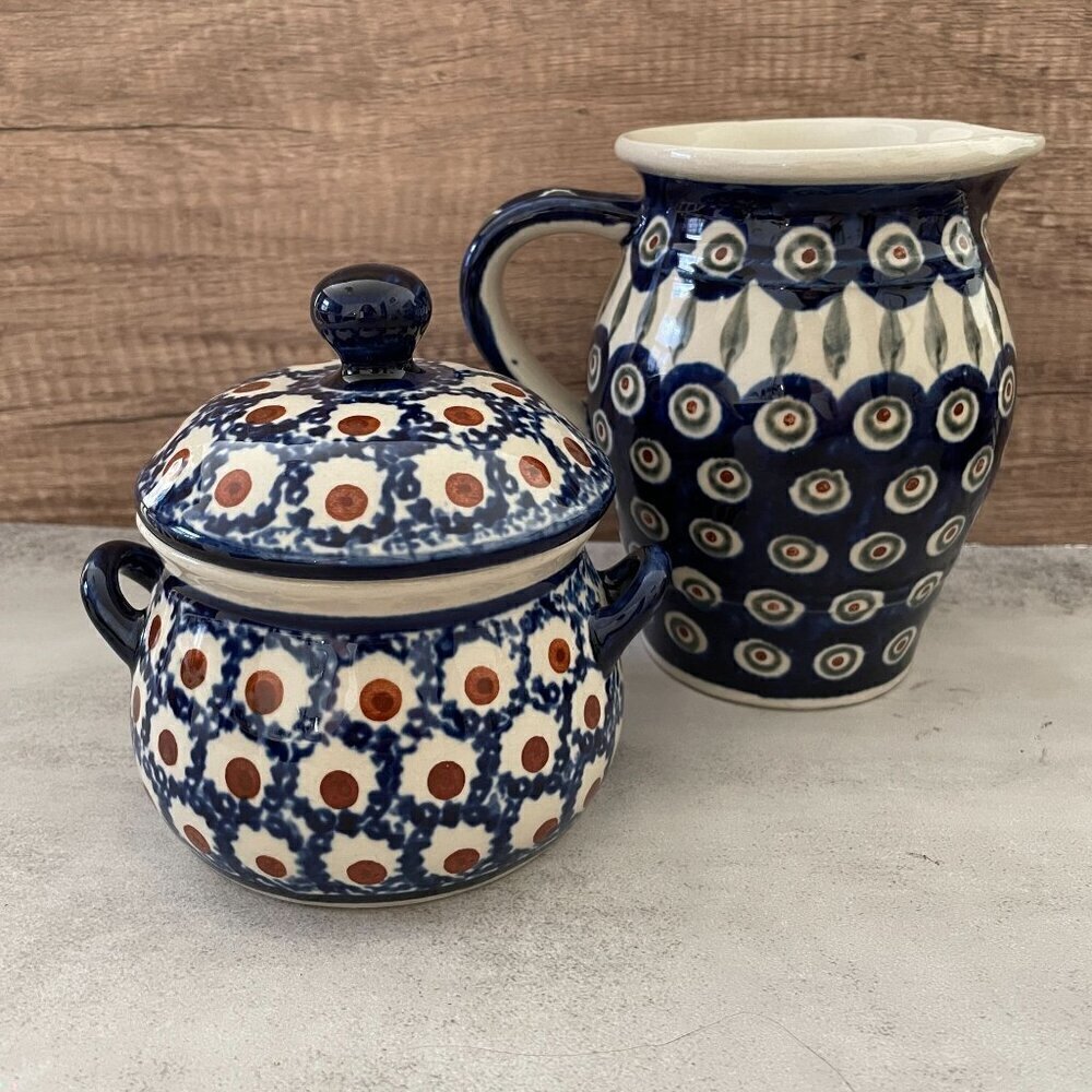Boleslawiec Hand Made Polish Pottery Peacock Pitcher Covered Bouillon Bowl 3 PCS